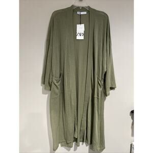 Zara Green Linen Blend Lightweight Long Duster Kimono Sleeve Cardigan Pockets Sm